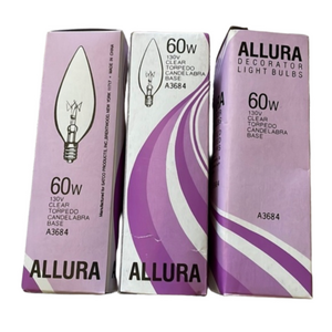 Allura 60W Clear Torpedo Candelabra Base Bulbs set of 3